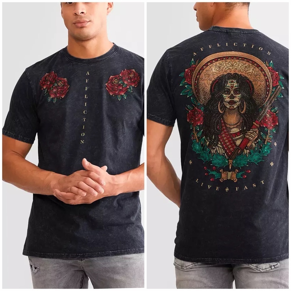 Affliction Resistencia Men's T-Shirt, embellished, black lava wash, size 3XL